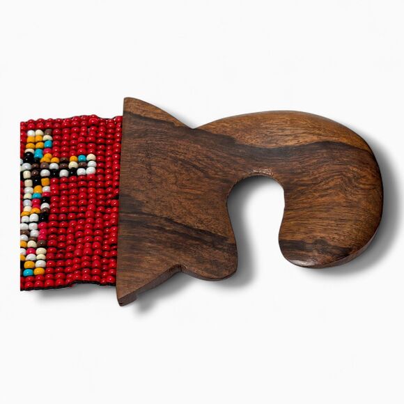 Vintage Native Style Beaded Belt Red Cream Wooden Buckle Boho Western
